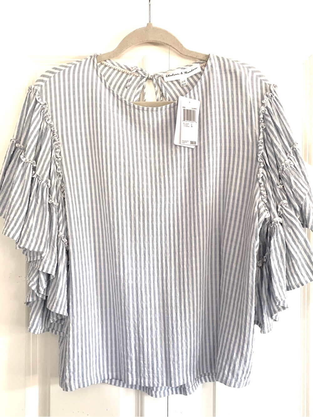 Chelsea & Theodore Seersucker Ruffle Sleeve Top